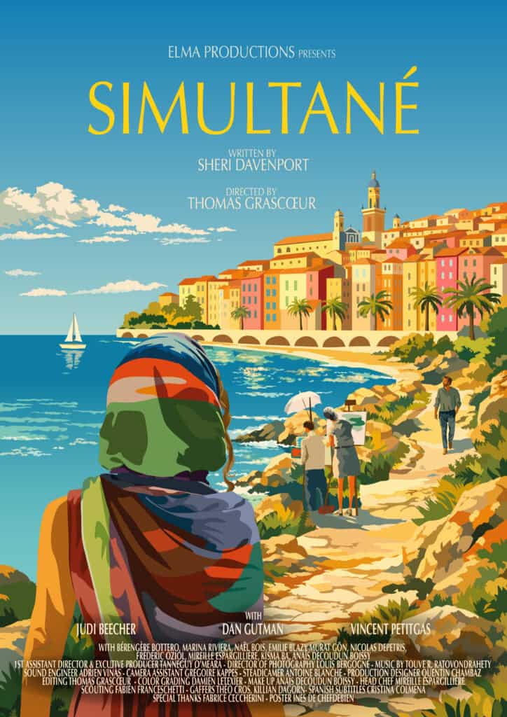Vibrant coastal scene with a woman overlooking a Mediterranean town, emphasizing travel and lifestyl.