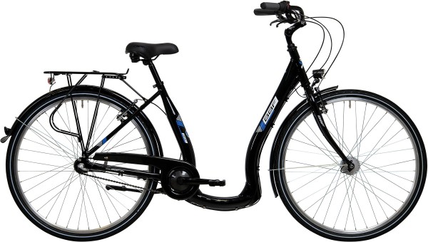 Seniorenfahrrad mit tiefem Einstieg und Gepäckträger.