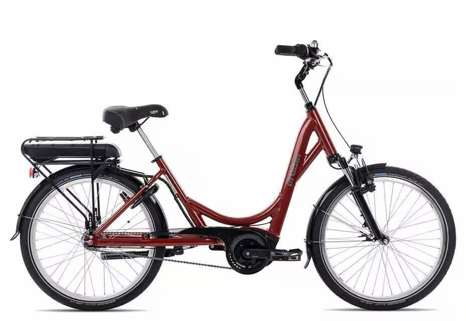Senioren-Elektrofahrrad in Rot für komfortables Fahren.