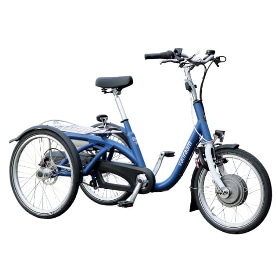 Dreirad mit Elektromotor und drei Rädern, blauer Rahmen, für Senioren geeignet.