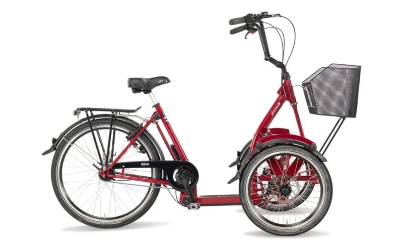 Dreirad mit Korb, rotes E-Bike für Senioren, Spezialrad Fischer.