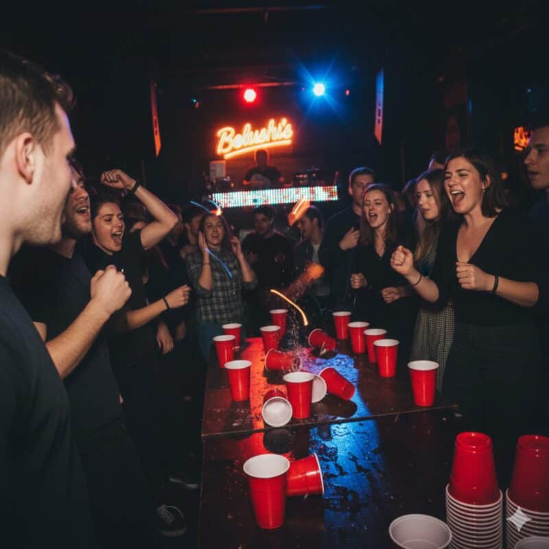 Party at Flying Pig Downtown Hostel with lively group and red cups.