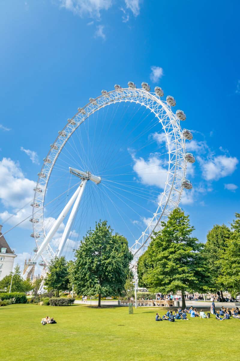 View of the London Eye at St Christopher's London Bridge, with city views and green space.