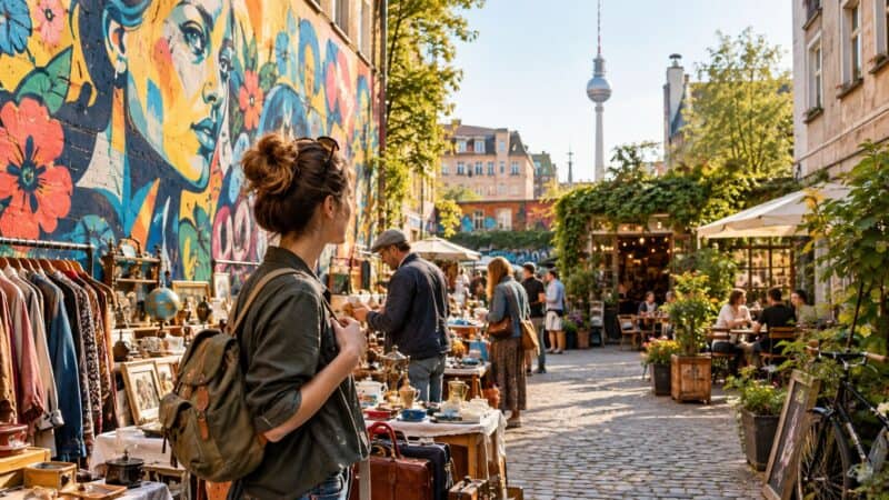 Outdoor market stall with various items and people browsing in a lively street.