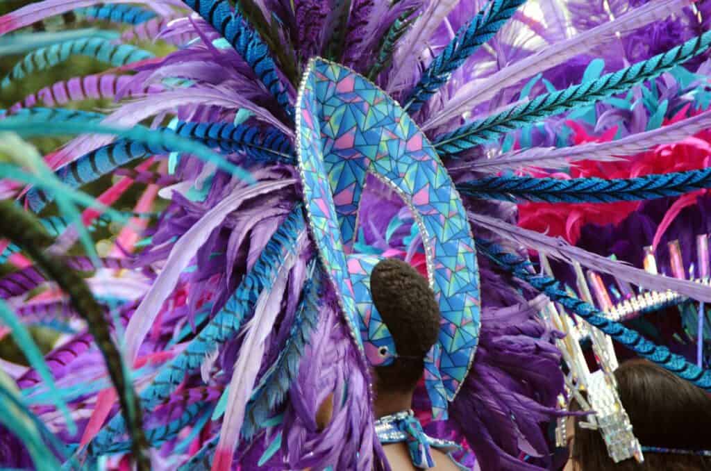 Colourful carnival costume featuring elaborate feathers and mosaic embellishments.