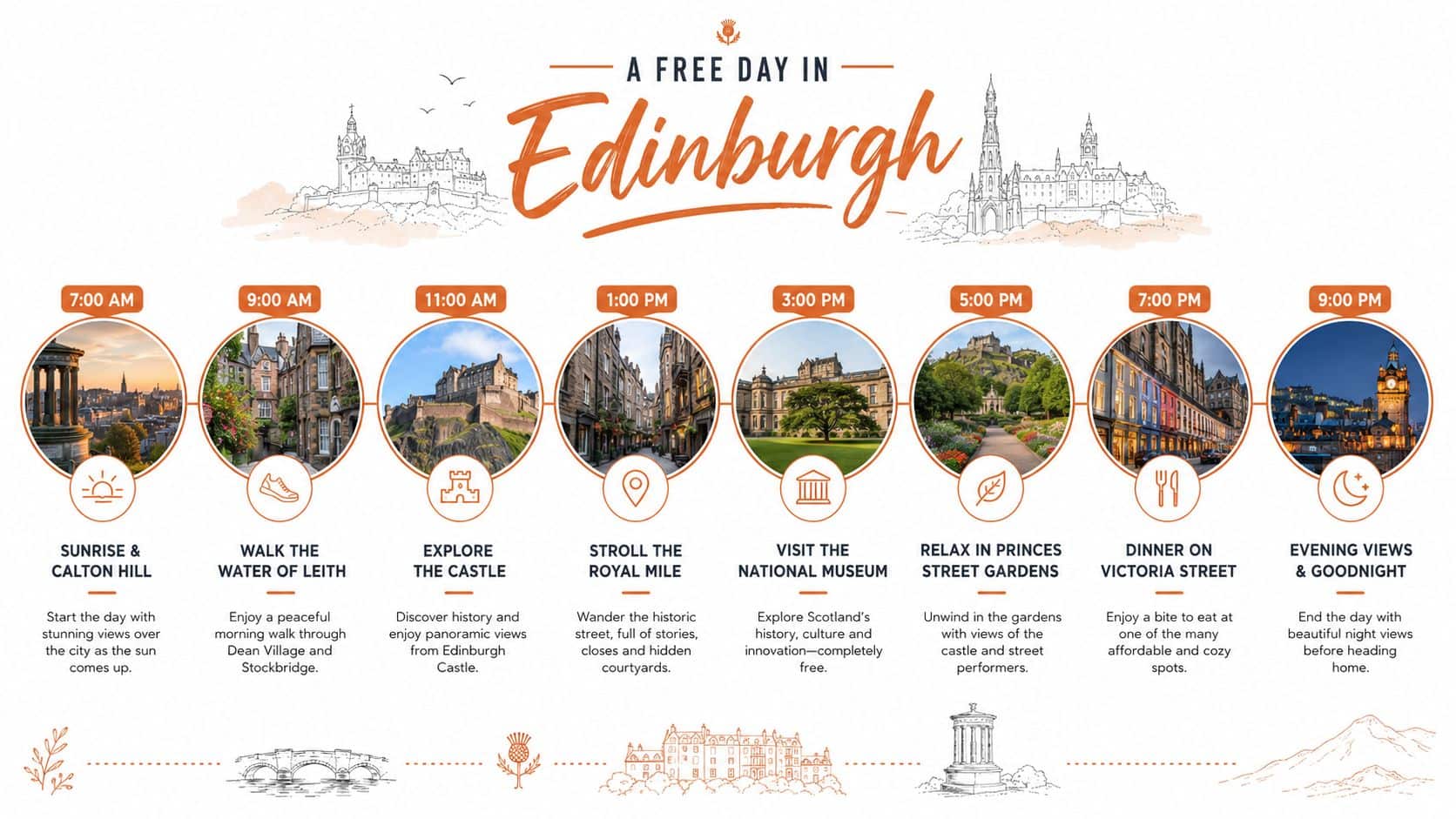 An itinerary infographic showcasing a full day of free activities and sightseeing spots across Edinburgh, Scotland.