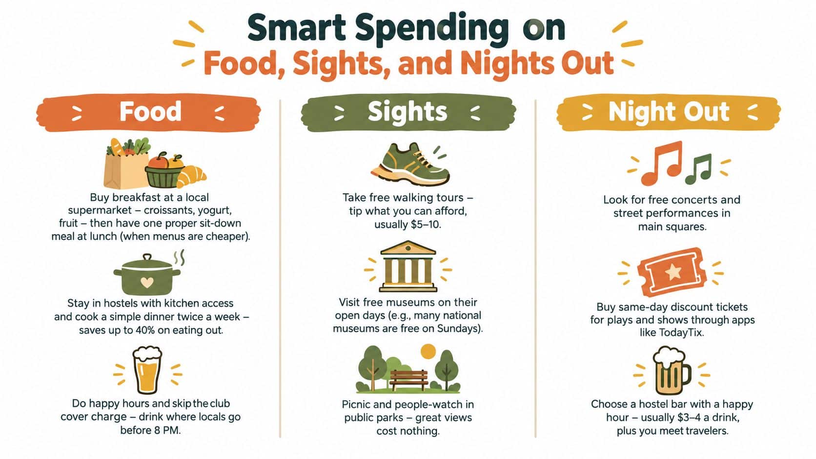 A colourful infographic with tips on food, sights, and night out activities for travellers.