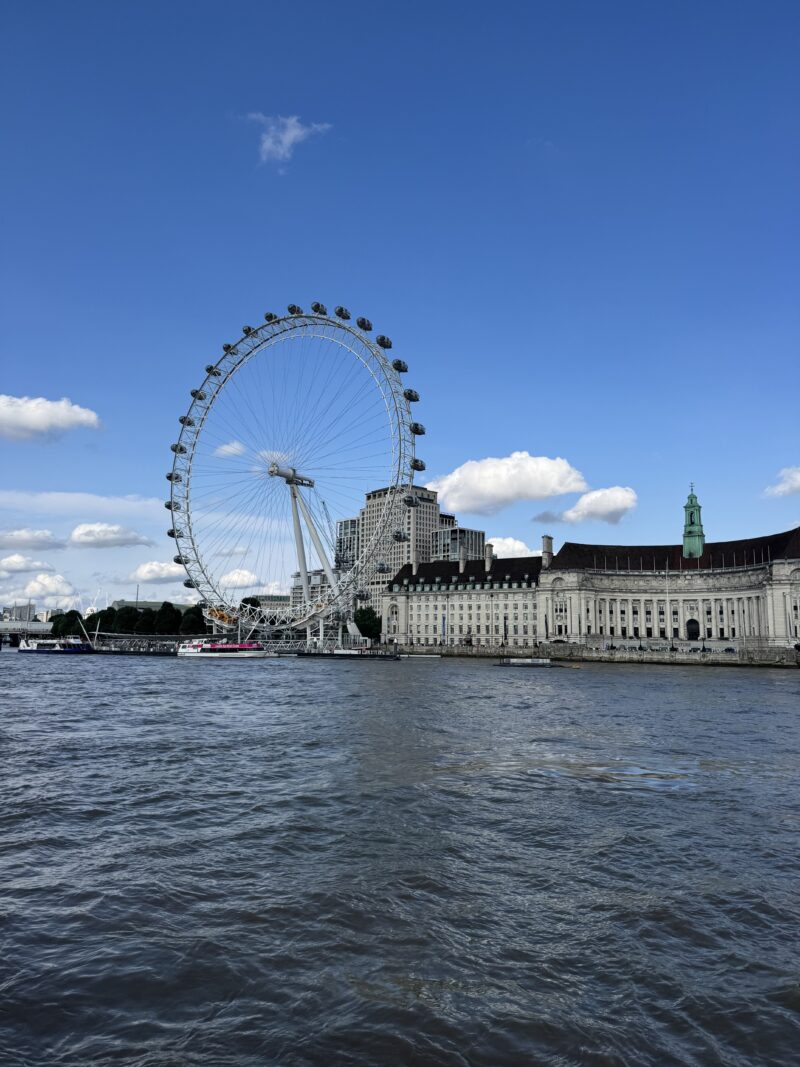 City view with London Eye and historic buildings from the river.