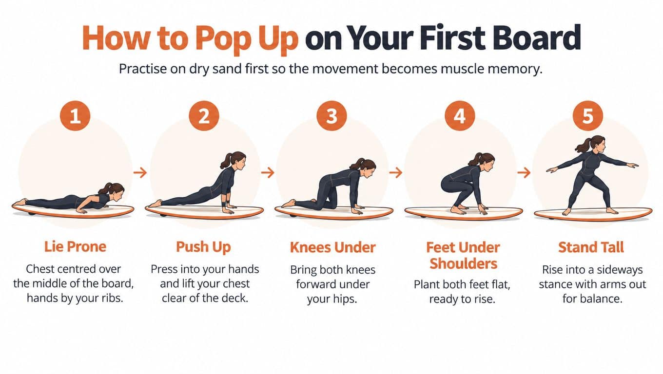 A five-step guide on how to perform a surfboard pop-up, illustrating a woman practicing on a board.