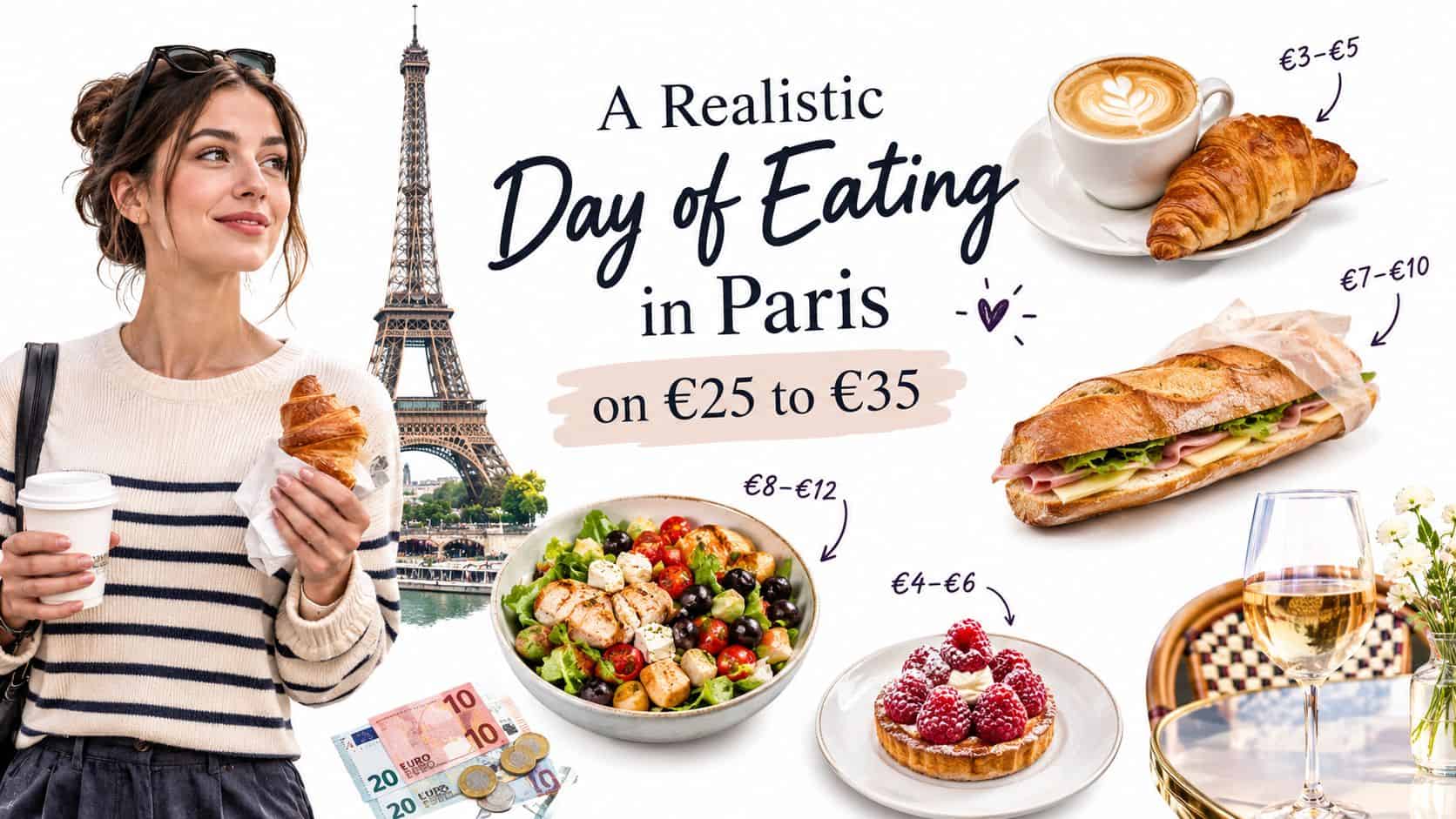 A woman holding a coffee and croissant in front of the Eiffel Tower, surrounded by affordable Parisian meal examples.