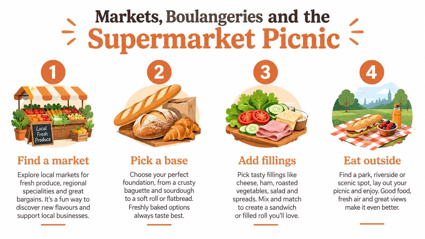 An instructional graphic on how to assemble a supermarket picnic in Paris with four easy steps.