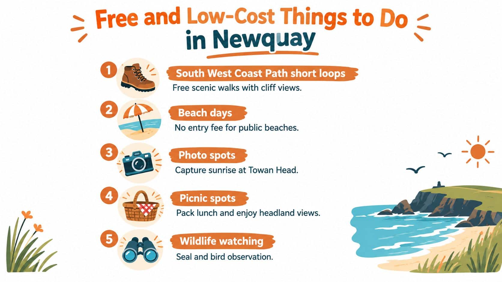 An infographic titled Free and Low-Cost Things to Do in Newquay listing five scenic coastal activities.