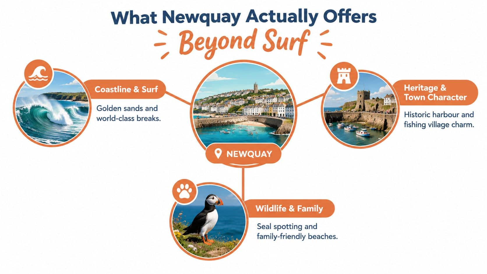 An infographic showing Newquay's top tourist attractions, including beaches, historical harbor, and family-friendly wildlife activities.