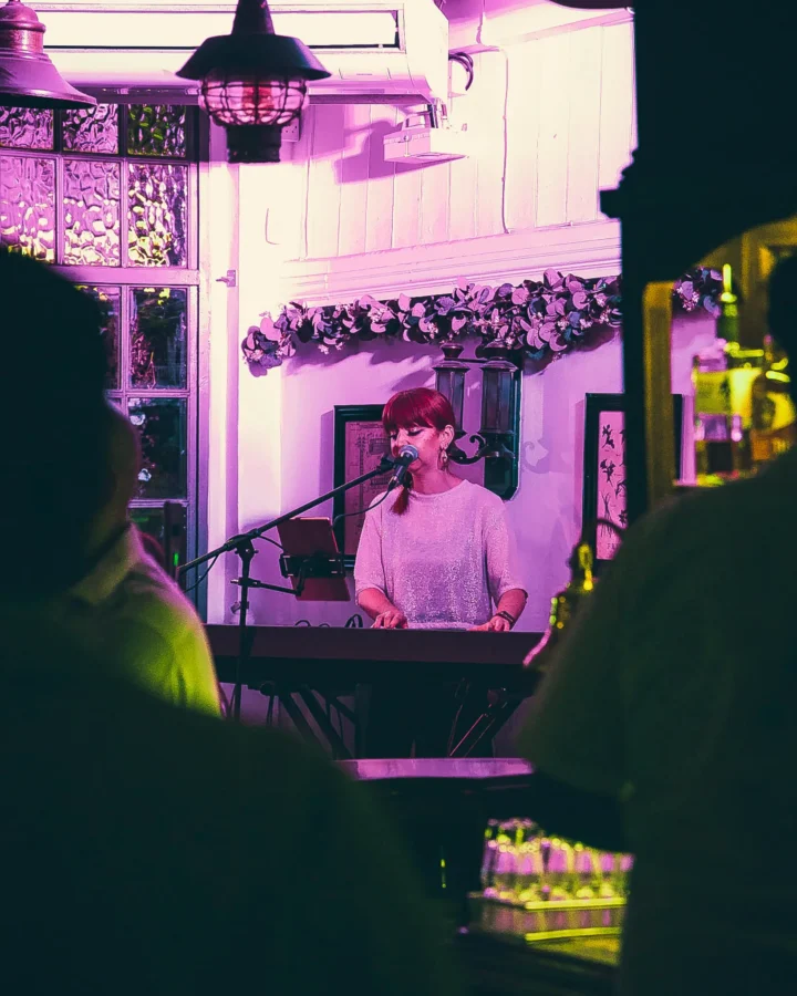A solo singer performing live on stage at St Christopher's Pub on Borough High Street, London Bridge, to a seated crowd