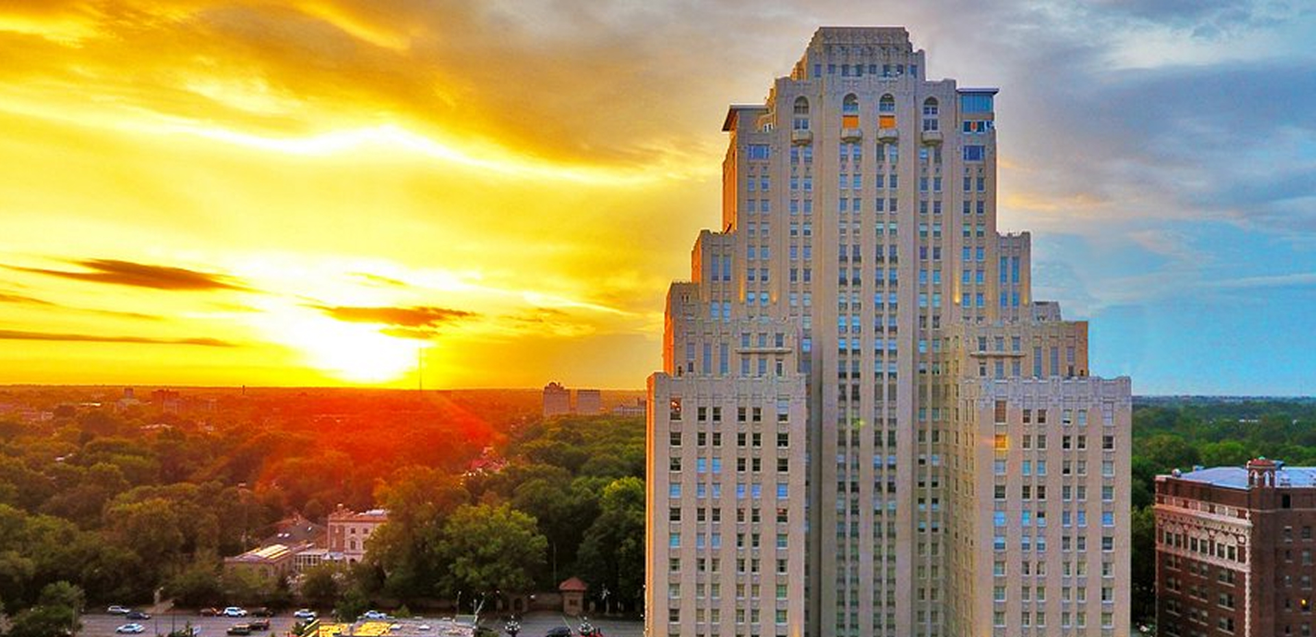 The Chase Park Plaza tower at sunset in St. Louis