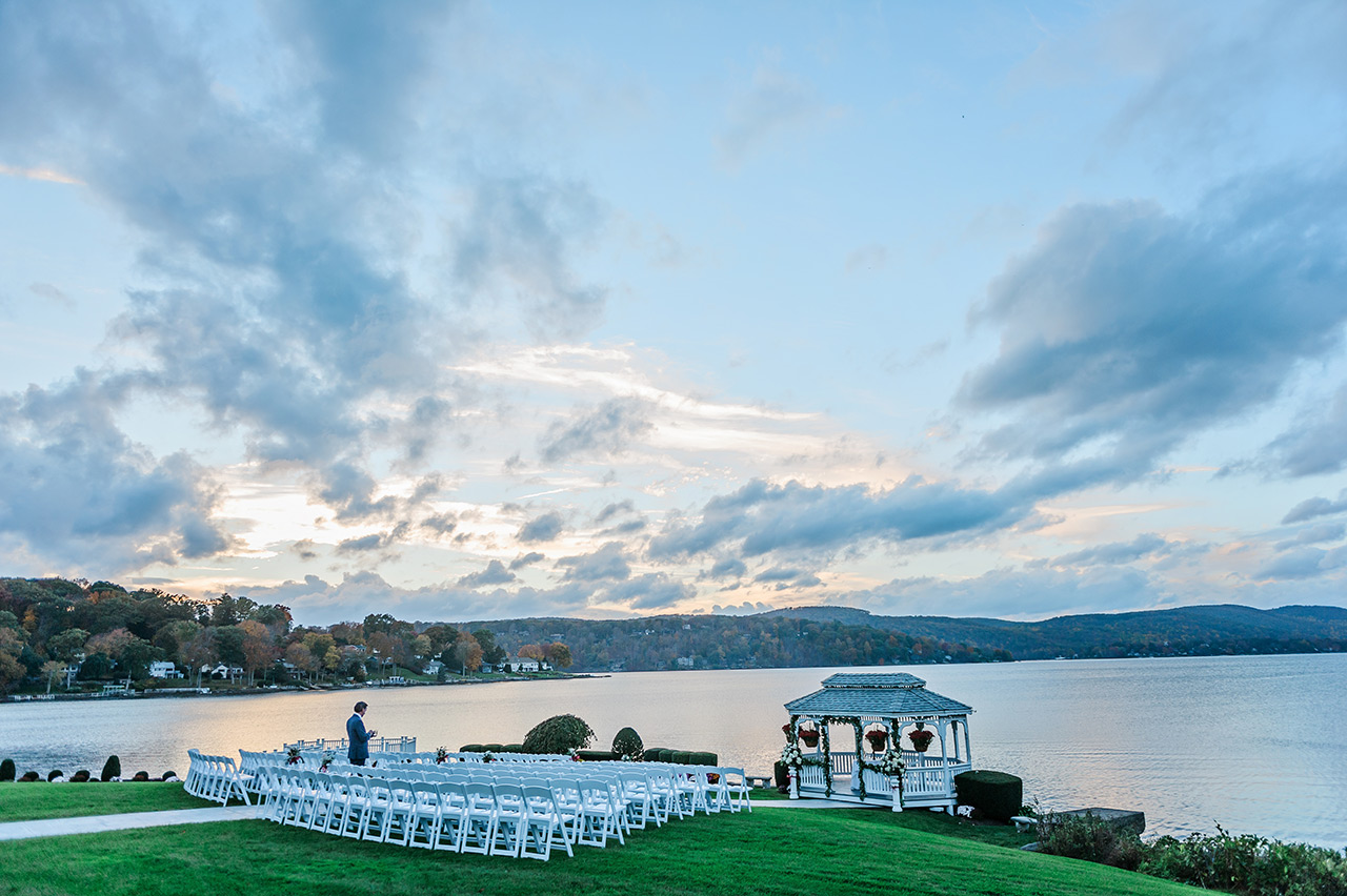 Lakeside wedding ceremony setup with gazebo and waterfront views at Candlewood Inn.