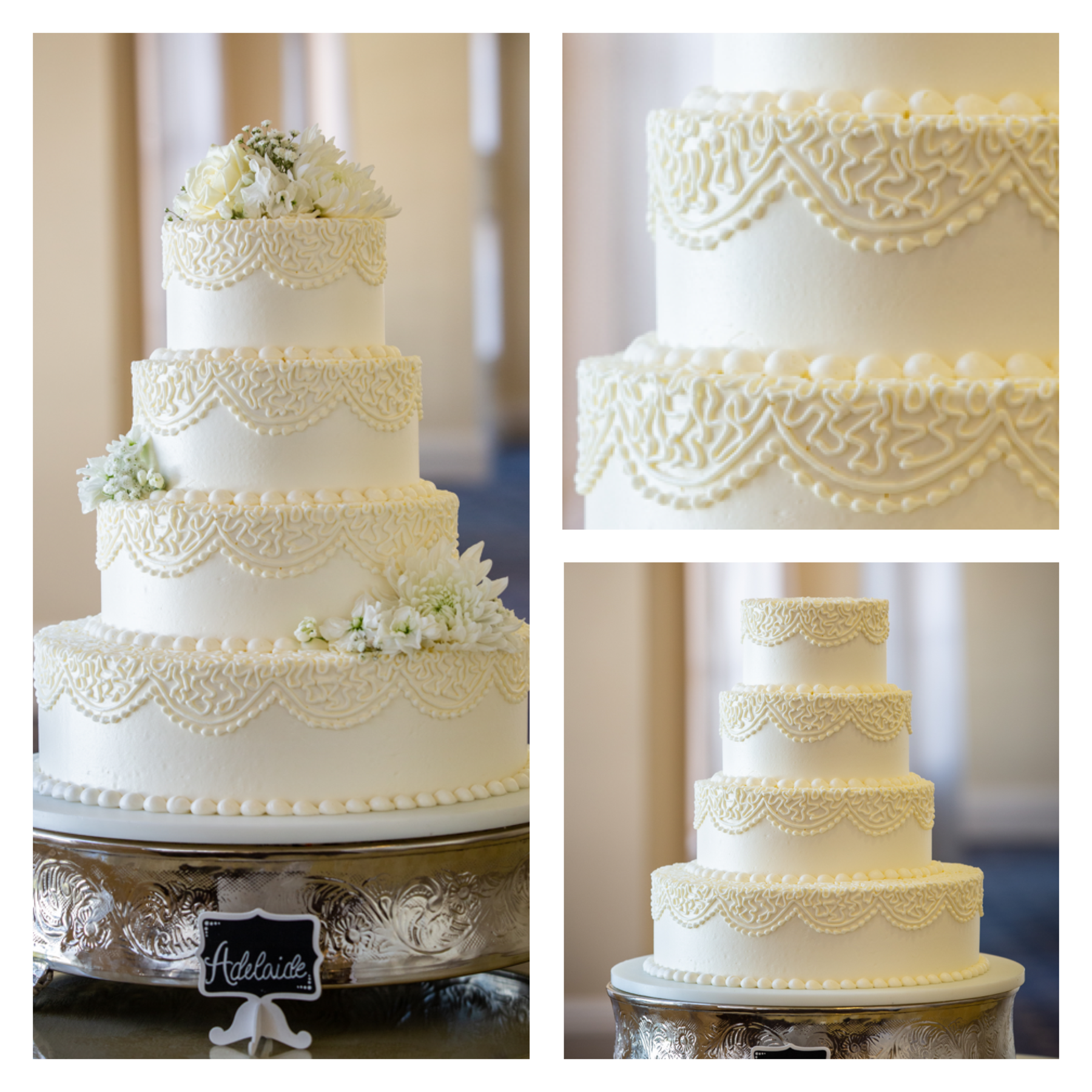 Four-tier white wedding cake with intricate lace piping and delicate floral accents.