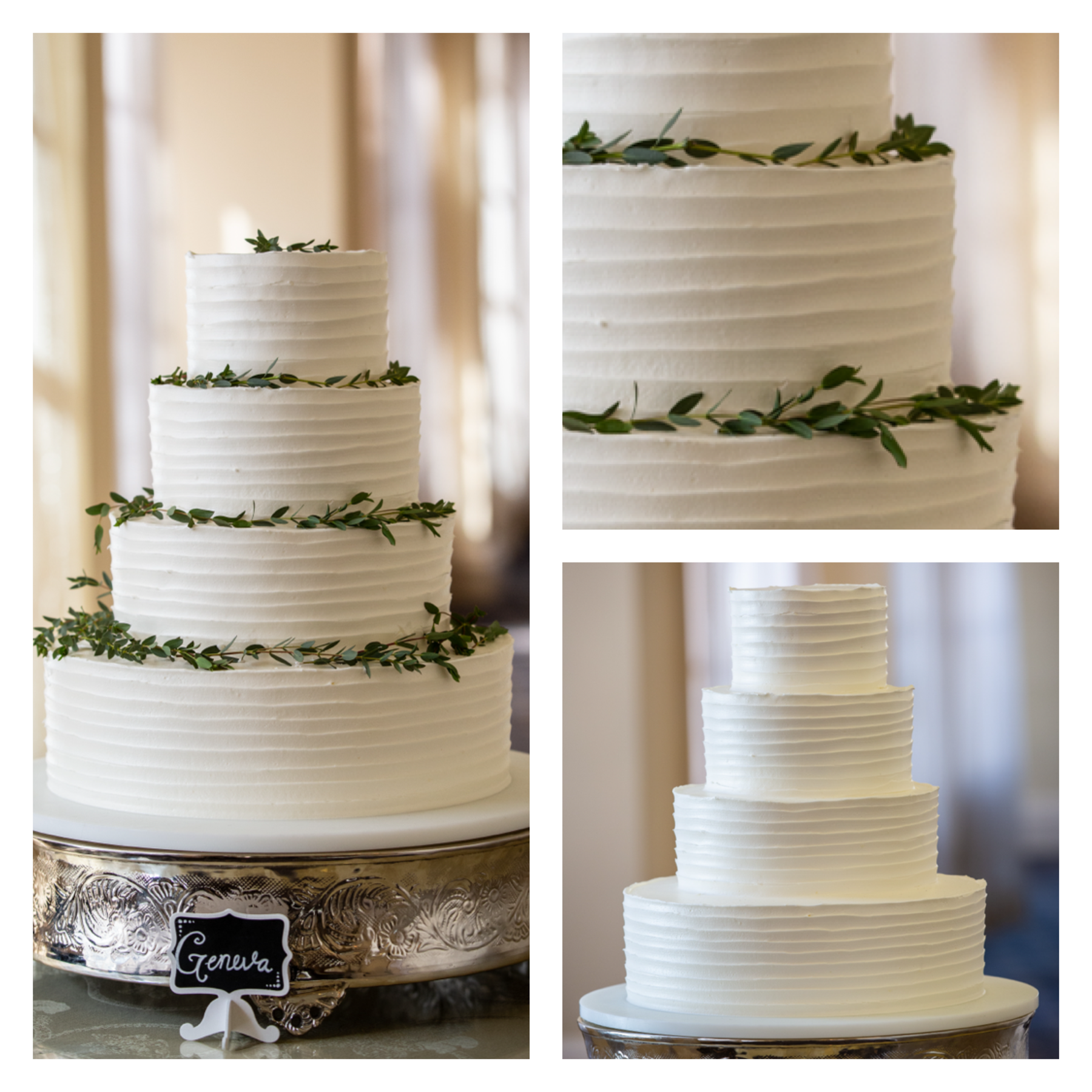 Four-tier white wedding cake with textured icing and greenery accents.