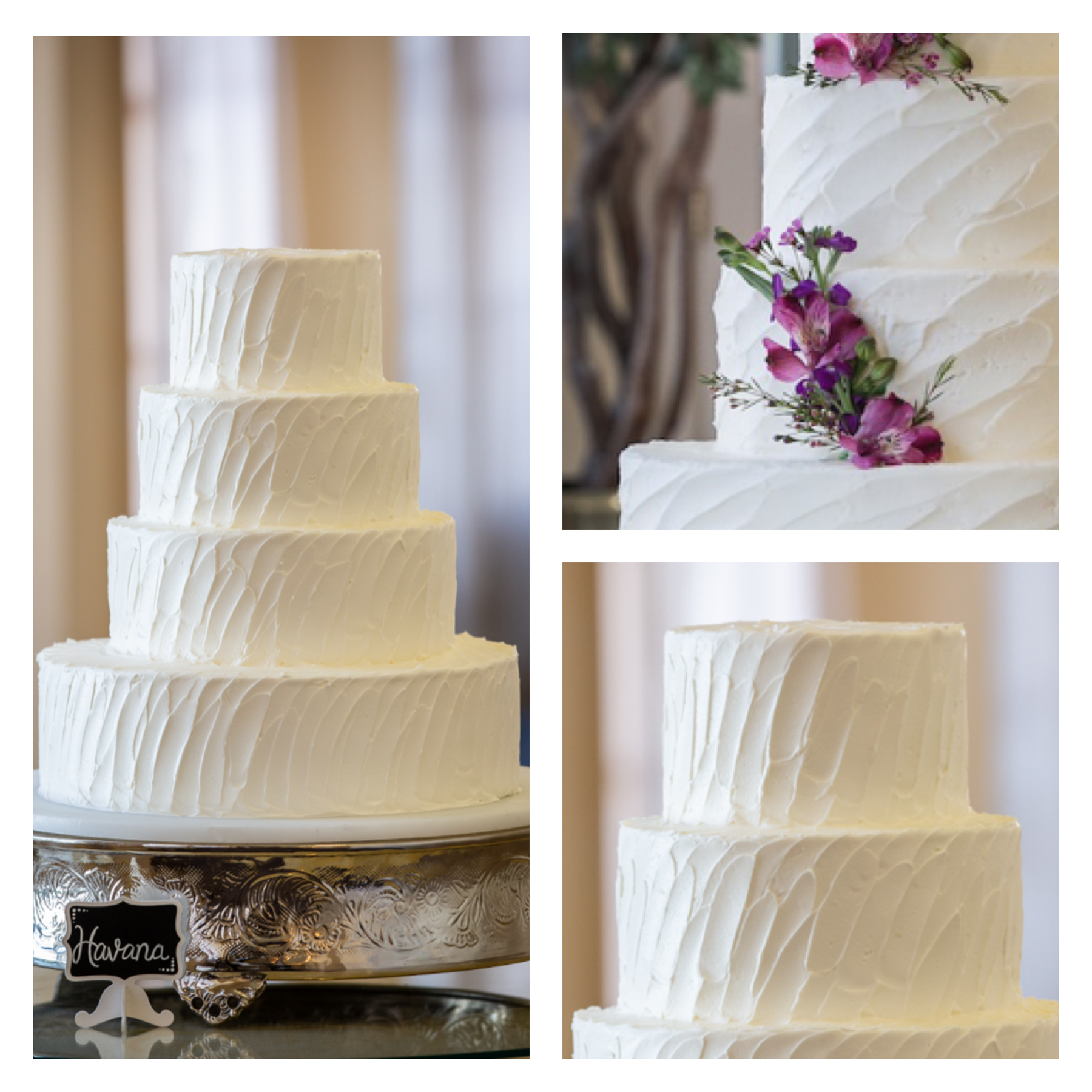 Four-tier white wedding cake with textured buttercream finish and elegant floral accents.