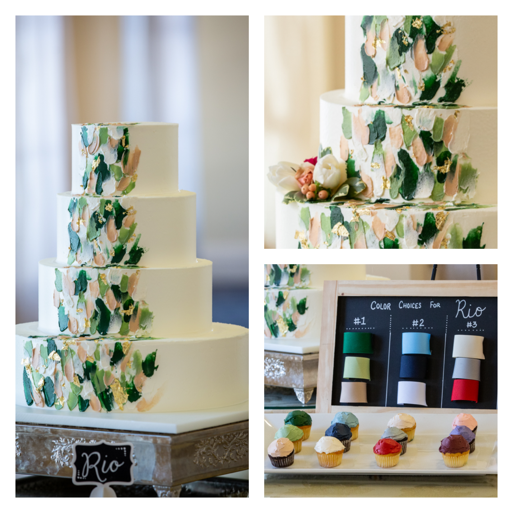 Modern four-tier wedding cake with painted buttercream accents and touches of gold leaf.