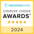 WeddingWire Couples' Choice Awards 2024 badge with five gold stars and recognition title.
