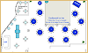 Event floor plan diagram with blue circular tables and a dance floor.