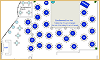 Detailed event floor plan layout featuring numbered blue circular tables surrounding a dance floor.