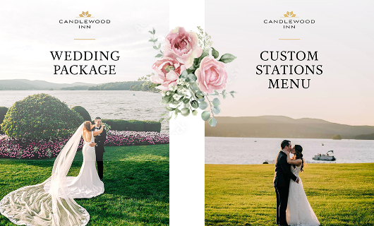 Candlewood Inn brochure covers featuring lakeside wedding photography and floral accents.