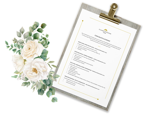 Candlewood Inn document on a clipboard next to a white floral arrangement.