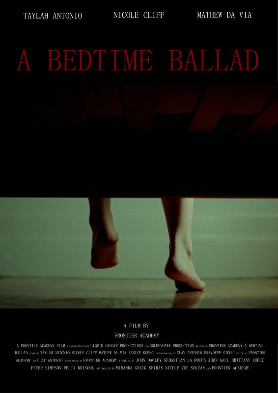 Movie poster for 'A Bedtime Ballet' featuring a child's feet hanging from a bed with a dark background.