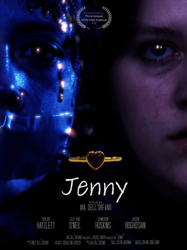 Close-up of Jenny horror film poster featuring a sinister clown face with glowing blue makeup and a young woman's face, promoting SpookyFest in Hollywood, CA.