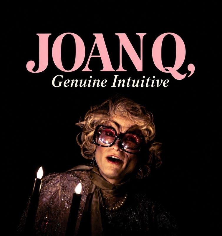 Promotional poster for Joan Q. at SpookyFest, featuring a woman with glasses and curly hair, illuminated by candlelight, promoting the event at The Hobgoblin Playhouse.