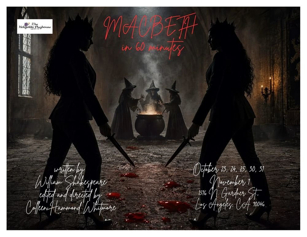 Theatrical poster for Macbeth featuring two women in silhouette with swords in a dark room.