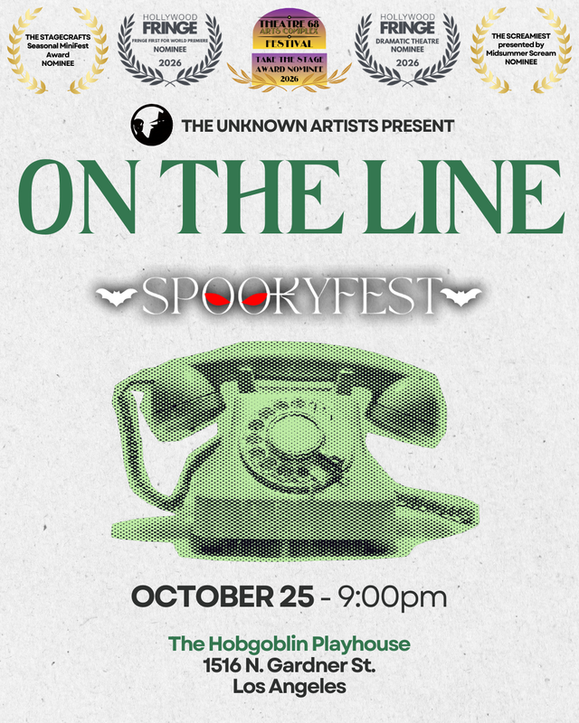 Promotional poster for SpookyFest at The Hobgoblin Playhouse in Hollywood, CA, featuring a vintage green rotary phone and event details.