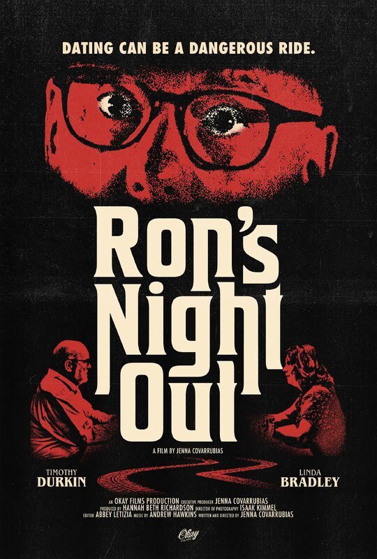 Poster for Ron's Night Out, a horror film screening at SpookyFest in Hollywood, CA, featuring a creepy face and bold text.
