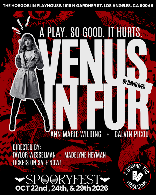 Promotional poster for Venus in Fur play at SpookyFest 2026, featuring a woman in a trench coat with a dark, spooky background.