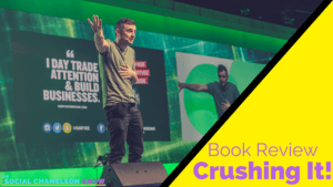 Split image featuring a man speaking at a conference on the left and the text "Crushing It by Gary Vaynerchuk book review" on a yellow and green background on the right.