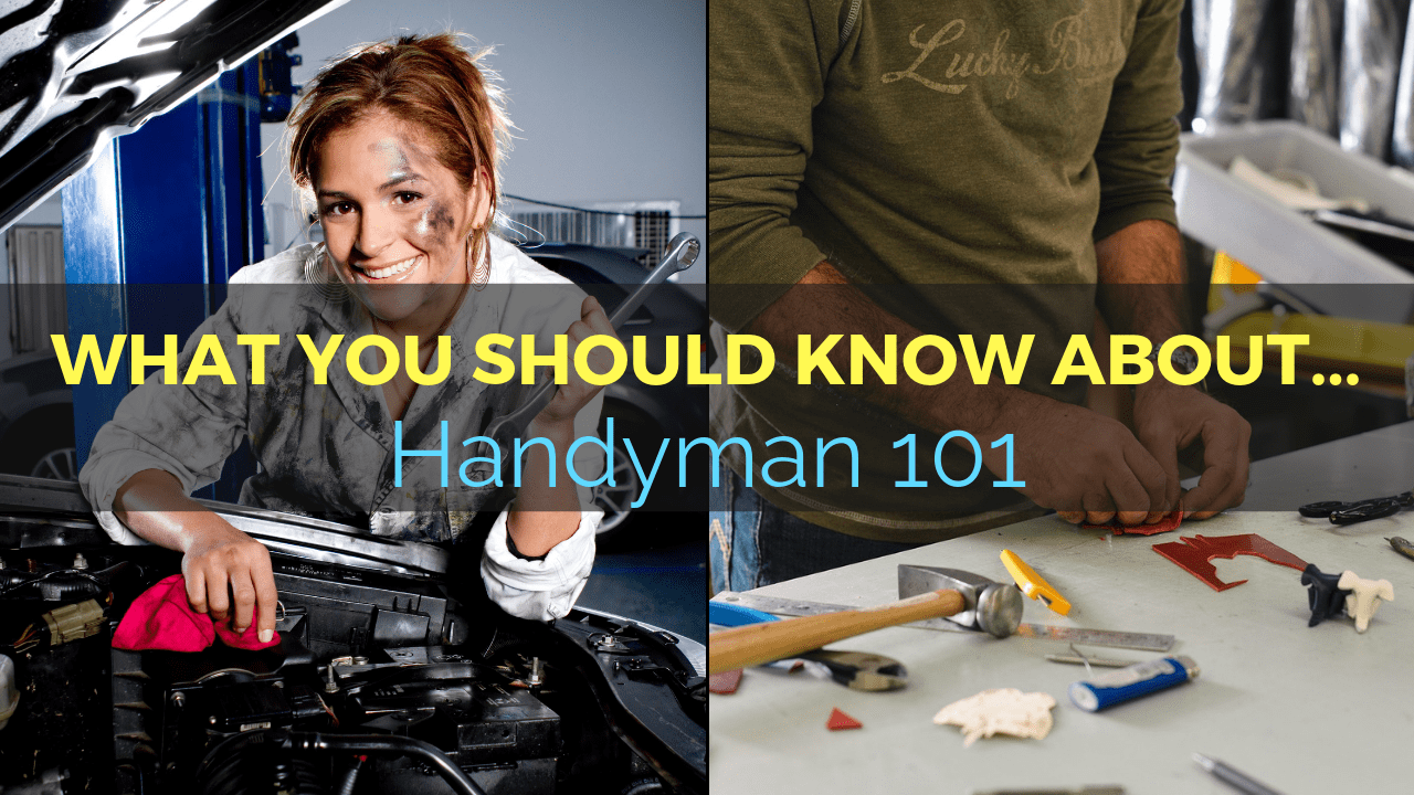 Split image: on the left, a woman smiles while working on a car engine; on the right, a close-up of a man's hands with tools and hardware on a table, text overlay 