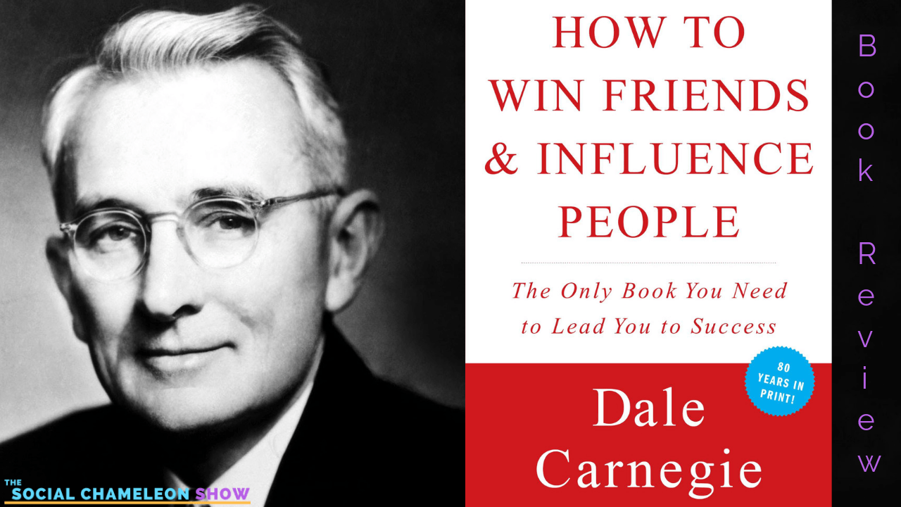 Split image with a black-and-white photo of Dale Carnegie on the left and a red book cover of "How to Win Friends and Influence People" by Dale Carnegie on the right, titled "Book Review