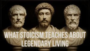 Three marble busts of ancient philosophers, Marcus Aurelius, Epictetus, and Seneca, are displayed side by side, with bold text overlay: "What Stoicism Teaches About Legendary Living." The scene has a classical, dramatic lighting style.