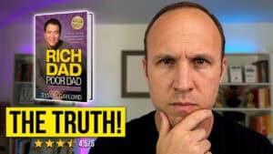 A man looks thoughtful with a hand on his chin, contemplating financial literacy. Next to him is the book “Rich Dad Poor Dad” by Tyson Gaylord. Text reads “THE TRUTH!” with a 4.5/5 star rating. Bookshelves are visible in the background.