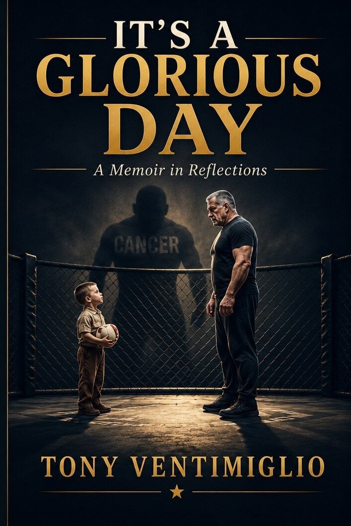 A young boy holding a baseball faces an older man in a ring. Behind them, a shadowy figure with “CANCER” on its back stands. The cover text reads: It’s a Glorious Day. A Memoir in Reflections. Tony Ventimiglio. This powerful scene captures the resilience and growth mindset at the heart of Tony Ventimiglio’s story—a journey where mindset transformation turns even the hardest battles into opportunities for personal growth.