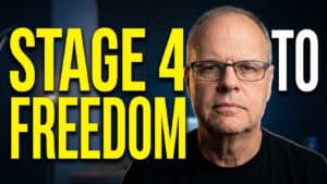 A man, Tony Ventimiglio, with glasses stands in front of a blurred background. Large yellow and white text beside him reads, “STAGE 4 TO FREEDOM.” This powerful image captures Tony Ventimiglio on his journey of mindset transformation and personal growth.
