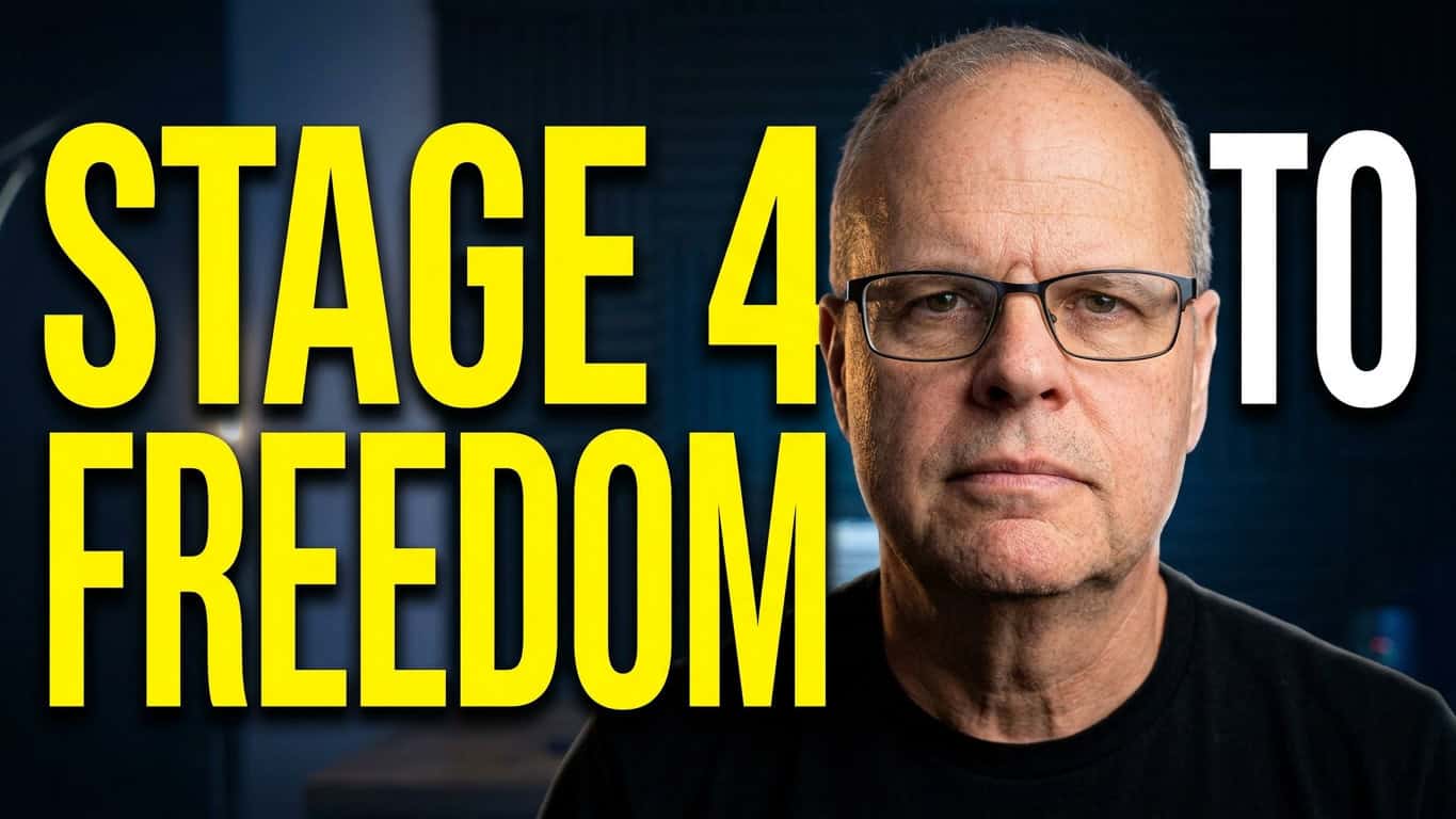 A man, Tony Ventimiglio, with glasses stands in front of a blurred background. Large yellow and white text beside him reads, “STAGE 4 TO FREEDOM.” This powerful image captures Tony Ventimiglio on his journey of mindset transformation and personal growth.