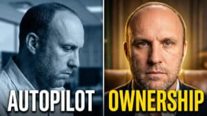 Split-screen image of the same man, Tyson Gaylord, showing him looking down with the word “AUTOPILOT” below, and looking directly at the camera with the word “OWNERSHIP” below.