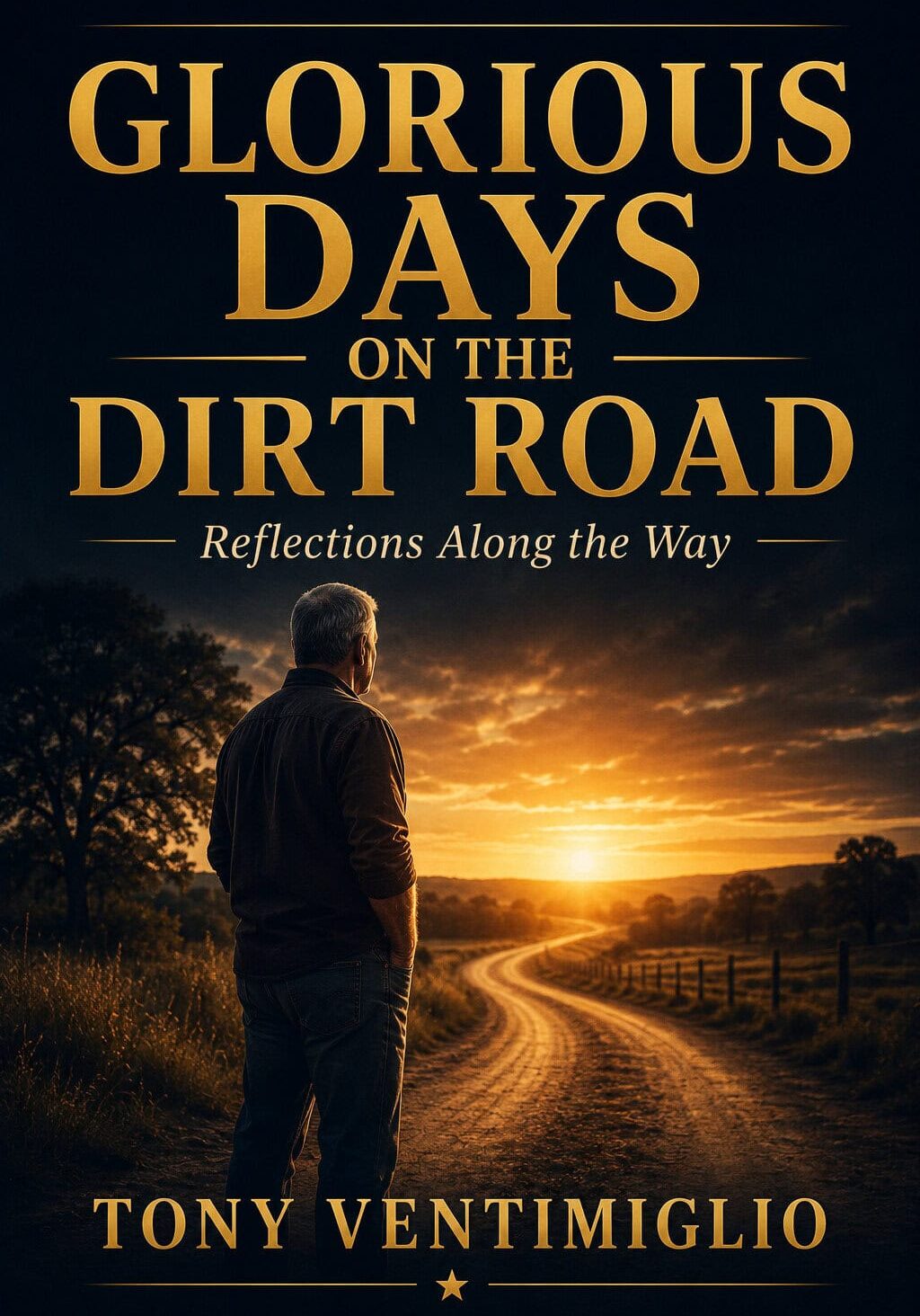 A man stands on a dirt road at sunset, looking into the distance. Large gold text reads: “Glorious Days on the Dirt Road: Reflections Along the Way” by Tony Ventimiglio. This evocative scene captures a journey of personal transformation and resilience as each step forward reflects a steadfast growth mindset.