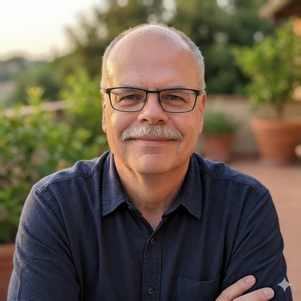 A man with glasses and a mustache, embodying resilience, smiles at the camera outdoors, wearing a dark button-up shirt. There are green plants and large terracotta pots in the background. The lighting is soft and natural.