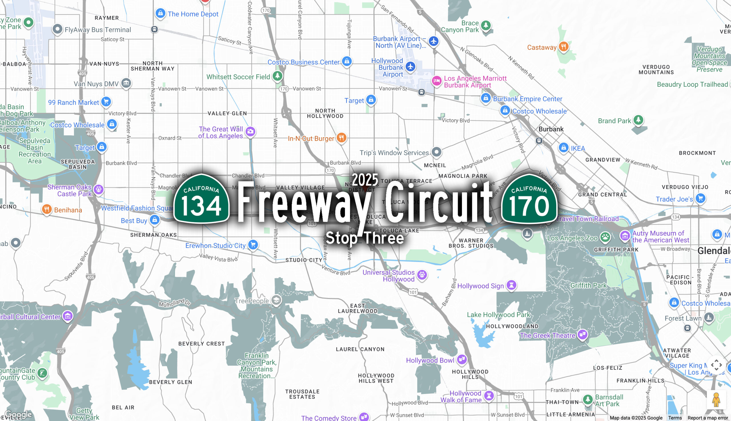 Freeway Circuit map with route 134 and 170 in Los Angeles, California, highlighting key locations and freeways for smart navigation and transportation planning.