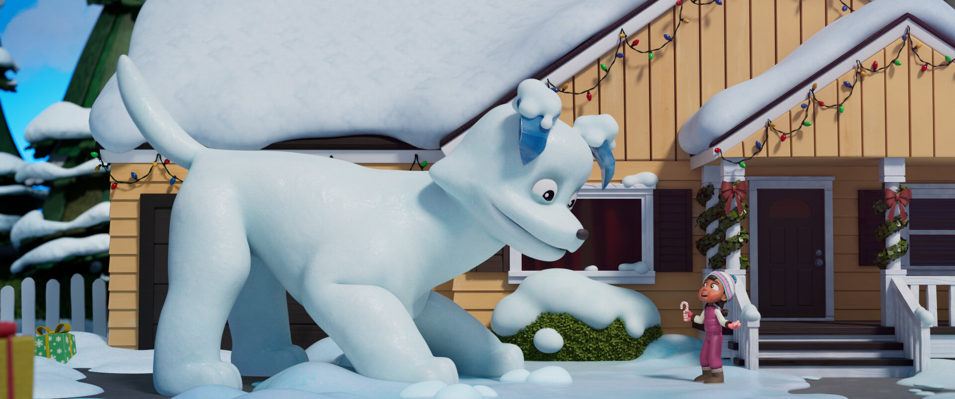 Big snowy dog sculpture in front of a cozy Christmas decorated house with a child holding a candy cane; festive holiday scene from The StageCrafts.
