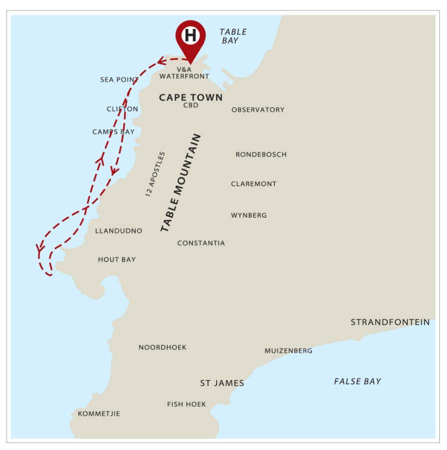 Map illustrating the scenic tour route from Cape Town to Table Mountain, including Camps Bay, Sea Point, and the V&A Waterfront, highlighting key landmarks and scenic spots.